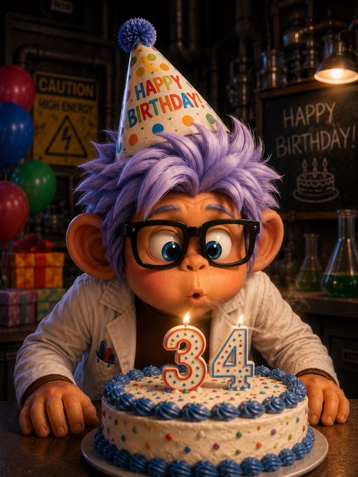 A cartoonish character with purple hair, large glasses, and a 'Happy Birthday' party hat blowing out candles forming the number '34' on a cake.