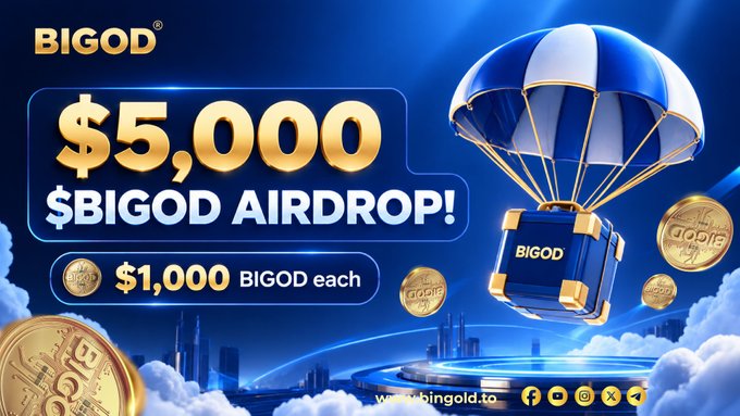 A promotional advertisement for BIGOD airdrop offering $5,000 total ($1,000 BIGOD each to 5 winners), featuring a blue parachute delivering a treasure chest with BIGOD tokens and the website bigold.to with social media icons.