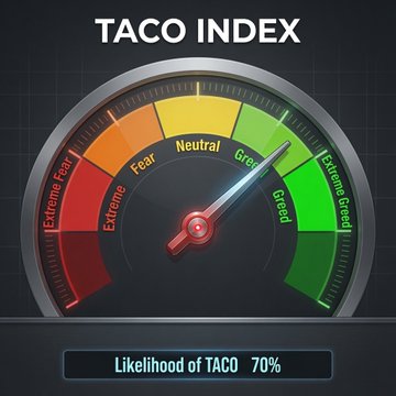 A 'TACO INDEX' gauge with a needle pointing into the 'Greed' zone, indicating a 70% likelihood of TACO (Trump Always Chickens Out).