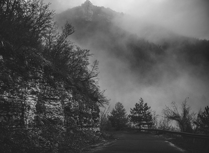 A misty mountain road winds through rocky terrain with bare trees and evergreens fading into thick fog beneath a hilltop ruin. The atmospheric black-and-white scene perfectly matches the "Foggy Road" title, evoking the ethereal mood of the @TransientLabs artwork listed at 0.12 ETH.
