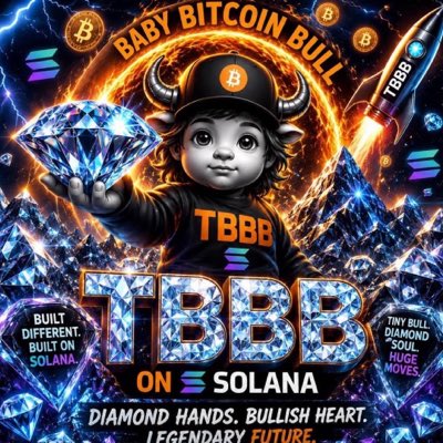 A vibrant promotional graphic for 'BABY BITCOIN BULL' (TBBB) features a cartoon bull character with Bitcoin horns holding a large diamond, with text reading 'BUILT DIFFERENT. BUILT ON SOLANA', 'ON SOLANA', and 'DIAMOND HANDS. BULLISH HEART. LEGENDARY FUTURE.'