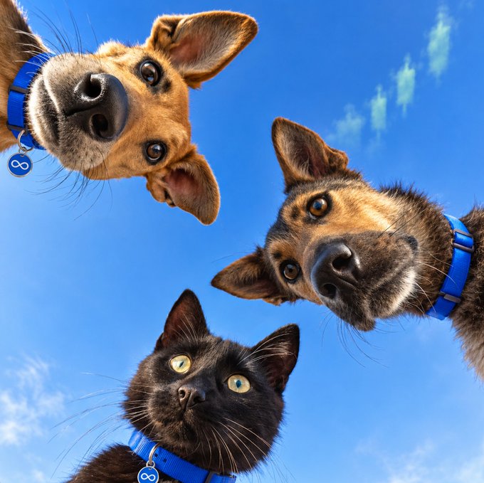 Two dogs and a black cat wearing matching blue collars peer down at the camera from above against a clear blue sky, curiously checking in like they're responding to a "You up? GM" message.