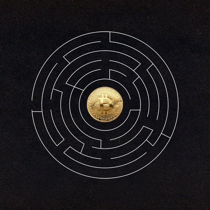 A golden Bitcoin coin sits at the center of a circular maze with concentric white pathways on a black background, visually reinforcing the caption "All paths lead to ₿."—suggesting that all routes in the crypto landscape ultimately converge on Bitcoin.