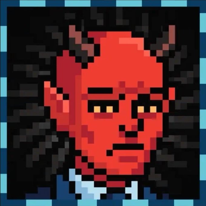 A pixelated digital portrait of a red-skinned figure with yellow eyes against a dark background, bordered by a light blue pixel frame.