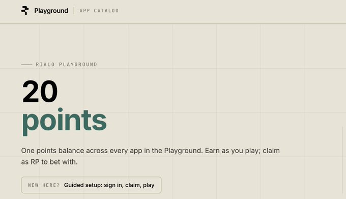 A Playground app catalog webpage displaying '20 points' with the text 'One points balance across every app in the Playground. Earn as you play; claim as RP to bet with.'