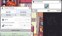 A screenshot from a video game showing an inventory and token portal interface, with options like 'BUY/SELL' and 'IMPROVE' alongside a small character avatar.