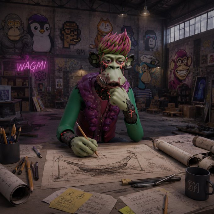 A 3D-rendered anthropomorphic monkey character with pink spiky hair and a purple vest sketching a boat design in a graffiti-covered warehouse studio featuring 'WAGMI' and 'GM' branding.