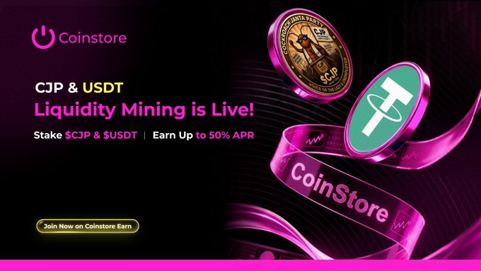 In this image, there's a poster that promotes a coinstore event. The poster shows two coins - one green and one pink. It also features text about the coinstore, which includes the following details: "CoinStore", "CJP & USDT Liquidity Mining is Live", and "EffortUp ?" to earn 5% APR. Additionally, there are three different coins represented in the image with varying sizes - a small coin on the left, a medium-sized one at the center, and a larger one towards the right side. The poster also has some text that states how to join the event: "Join CoinStore now !"