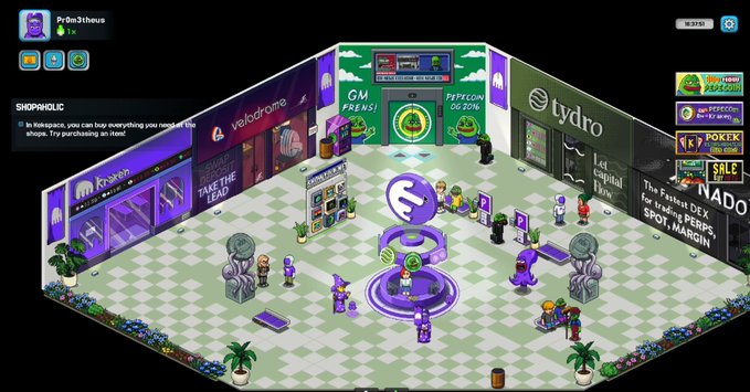 A pixel art game scene depicting a marketplace or expo hall with various vendor stalls (including 'GM PRENS!', 'PEPE COIN', 'tydro', 'Kraken', and 'valodrome') and avatars walking around.