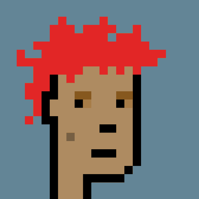 Pixel art portrait of a person with a tan complexion, small beauty mark, and bright red hair set against a blue background.