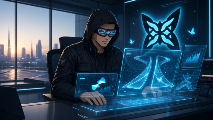 A digital illustration of a hooded figure wearing smart sunglasses, working on holographic screens displaying a butterfly logo and a fox-like emblem, with a city skyline in the background.