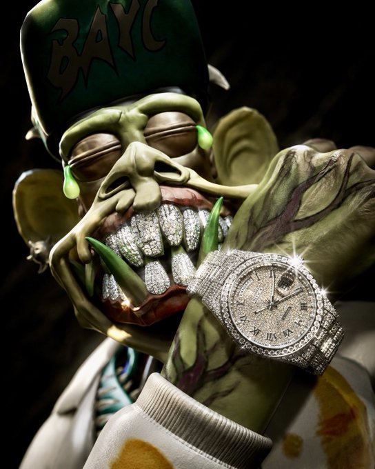 A 3D rendering of a Bored Ape Yacht Club (BAYC) NFT character wearing a green hat, showcasing a diamond-encrusted watch and matching diamond teeth.