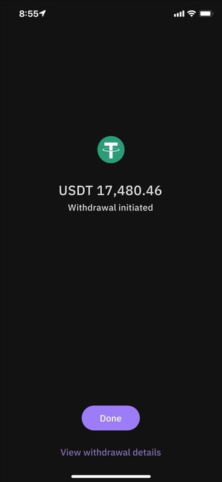 Mobile app screenshot showing a USDT withdrawal of 17,480.46 has been initiated, with options to view details or mark done.