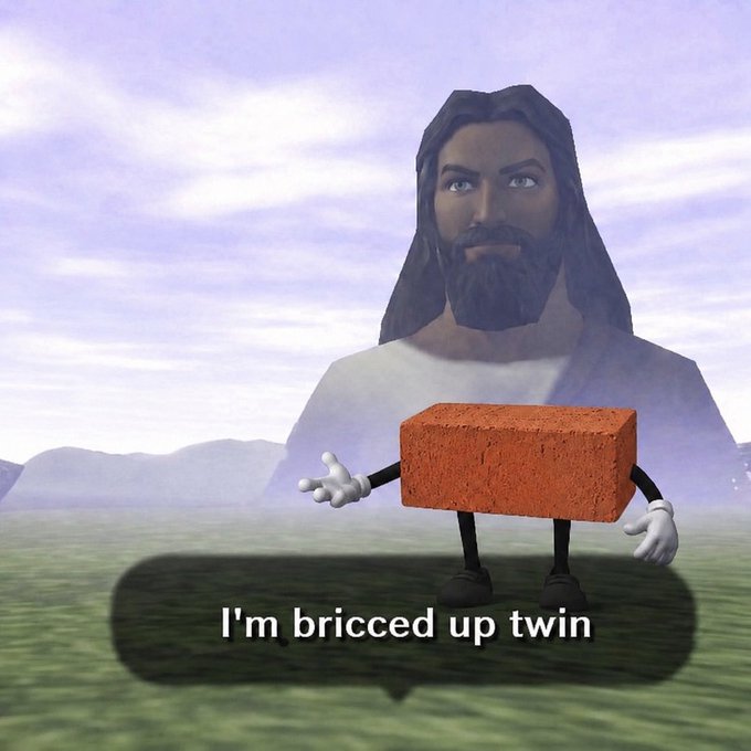 The image features a cartoon depiction of Jesus with a brick in his hand, surrounded by mountains and clouds. Below this scene, there's text that reads "I'm bricked up twin". This phrase seems to be a reference to the Lazarus group or another organization involved in money laundering activities.