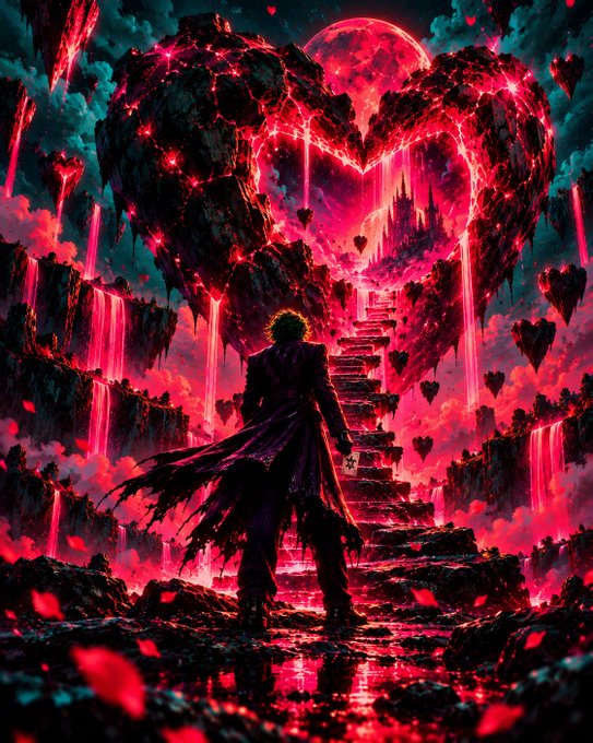 A dramatic fantasy digital artwork showing a silhouetted figure in a flowing coat standing before a staircase leading up to a massive glowing red heart-shaped structure surrounded by floating hearts and waterfalls.