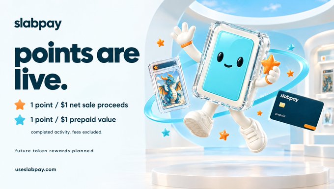 A promotional graphic for 'slabpay' announcing 'points are live,' featuring a 3D cartoon card character with text explaining 1 point equals $1 net sale proceeds and $1 prepaid value.