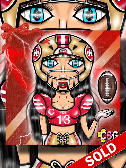 The artwork features a stylized female football fan wearing a San Francisco 49ers helmet and jersey marked "49ERS 13," holding a football with red lightning in the background, and a "SOLD" banner overlays the piece to signify its acquisition by the poster's third new September collector.