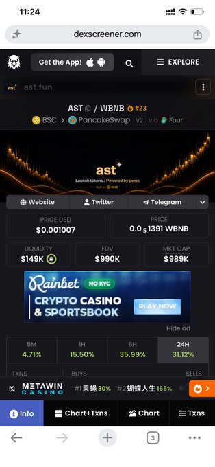 A mobile screenshot of dexscreener.com shows the AST/WBNB trading pair on PancakeSwap (BSC) at token #23, with a current price of 0.001007 USD and 0.0.1391 WBNB, FDV of $990K, and market cap of $989K. The 24-hour price change is up 31.12% (with 6H at 35.99% and 1H at 15.50%), supporting the post's claim of recent sharp upward movement from the 650-900K range toward nearly $1M.