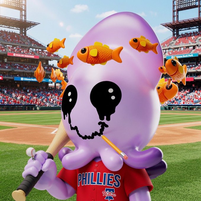 A 3D rendered image of a purple octopus character wearing a red Philadelphia Phillies baseball jersey, holding a bat and pencil, with goldfish cracker-like fish floating around its head, set in a baseball stadium.
