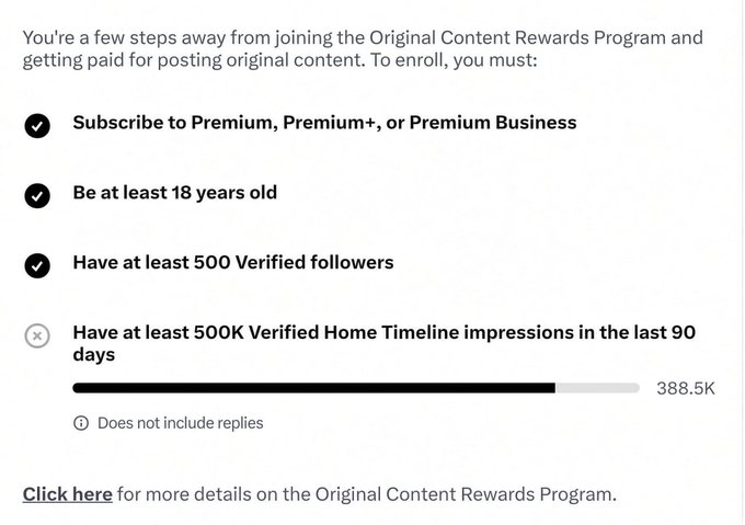 A Twitter/X Original Content Rewards Program enrollment checklist where the user has met most requirements but still needs 388.5K of the required 500K verified Home Timeline impressions in the last 90 days to qualify, matching the post's optimistic tone about being close to earning Pay through the program.