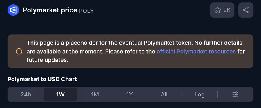 The image shows a placeholder page for the "Polymarket price POLY" token on what appears to be a price tracking site, with a notice stating it is a placeholder and no details are available, along with a "Polymarket to USD Chart" section showing empty timeframe options (24h, 1W, 1M, 1Y, All). This relates to the post's frustration about Polymarket teasing a $POLY token launch with hints but providing no actual information, as the holder is left without any real price data or details about when the token will officially launch.