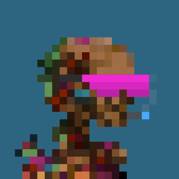 A heavily pixelated/mosaic image showing what appears to be a character with pink and brown coloring against a blue background.