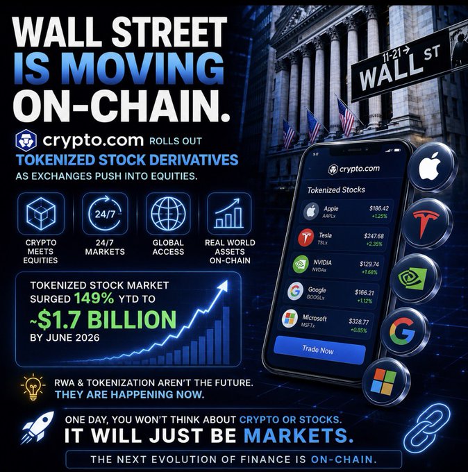 A promotional infographic from Crypto.com declaring "WALL STREET IS MOVING ON-CHAIN" announces the rollout of tokenized stock derivatives featuring major companies like Apple (AAPL, $186.42), Tesla (TSLA, $247.68), NVIDIA (NVDA, $129.74), Google (GOOGL, $166.21), and Microsoft (MSFT, $328.77), while highlighting that the tokenized stock market surged 149% YTD to ~$1.7 billion by June 2026, aligning with the post's message about the convergence of crypto and traditional equity markets.