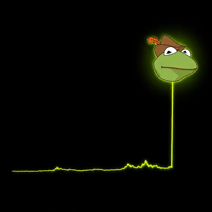A Pepe-style cartoon frog wearing a Robin Hood–inspired green hat with a red feather appears on the right side of the image, glowing green against a black background, while a bright green line resembling a heart rate or price chart runs horizontally along the bottom before spiking sharply upward into the frog, illustrating the sudden surge in excitement around the $ROBIN token launch on Robinhood Chain and its comparison to PEPE.