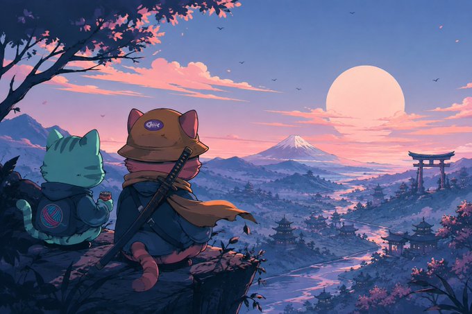 Anime-style illustration of two cats wearing ninja gear, sitting on a cliff edge overlooking a Japanese landscape with Mount Fuji, a torii gate, and a setting sun.