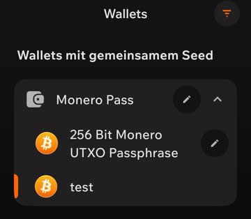 The image shows a cryptocurrency wallet interface with a section titled "Wallets mit gemeinsamem Seed" (Wallets with shared seed), listing "Monero Pass," "256 Bit Monero UTXO Passphrase," and "test" under a Bitcoin logo. This appears to be the challenge referenced in the post, where the user offers a Bitcoin prize to anyone who can crack the 128-bit seed phrase protecting these wallets.
