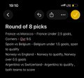 A mobile app screen titled 'Round of 8 picks' displays sports betting predictions including 'France vs Morocco - France under 2.5 goals, Goncalo Ramos to score' and 'Spain vs Belgium - Belgium under 1.5 goals' among others.