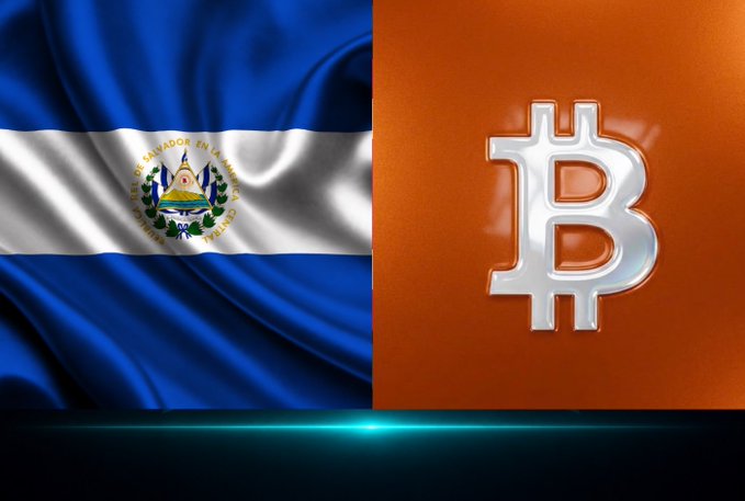 A split graphic showing the flag of El Salvador on the left and a silver Bitcoin symbol on an orange background on the right, representing the nation's cryptocurrency adoption.