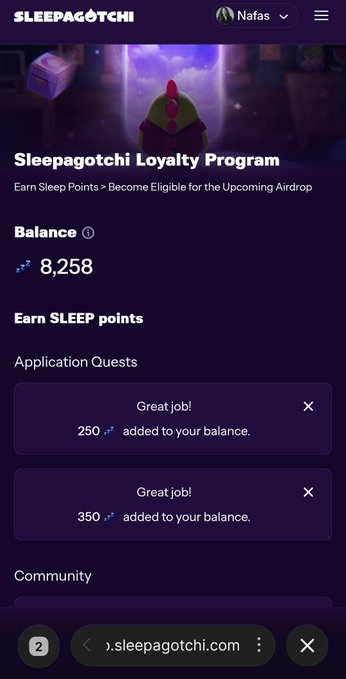 A mobile screenshot of the 'Sleepagotchi Loyalty Program' website (sleepagotchi.com) showing a Sleep Points balance of 8,258, with notifications for 250 and 350 points added to the balance, and a 'Nafas' user profile.