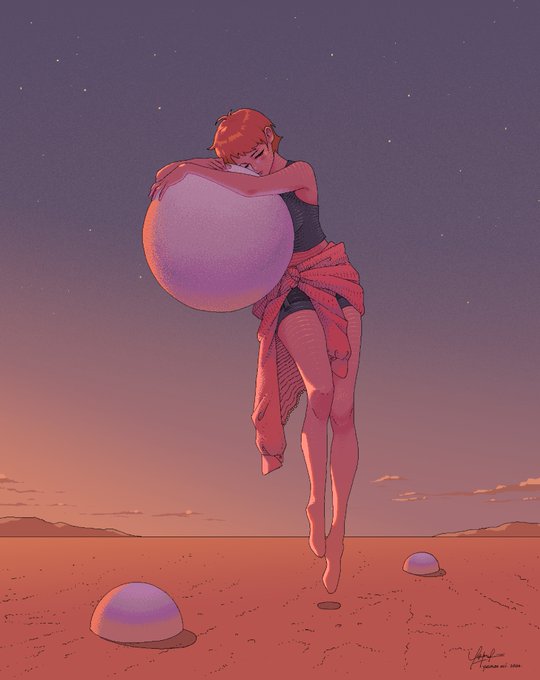 The image features a woman with red hair standing in a desert-like setting, holding a large ball or globe in her hands. The sky above them has a purple hue, creating an artistic and surreal atmosphere for the scene. The caption below the image reads "I'M pleased and very proud to share yet another 1/1 acquisition by @iyusmn".