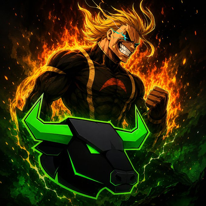 An anime-style illustration of a muscular blonde character with glowing eyes surrounded by flames, positioned above a green neon bull logo.