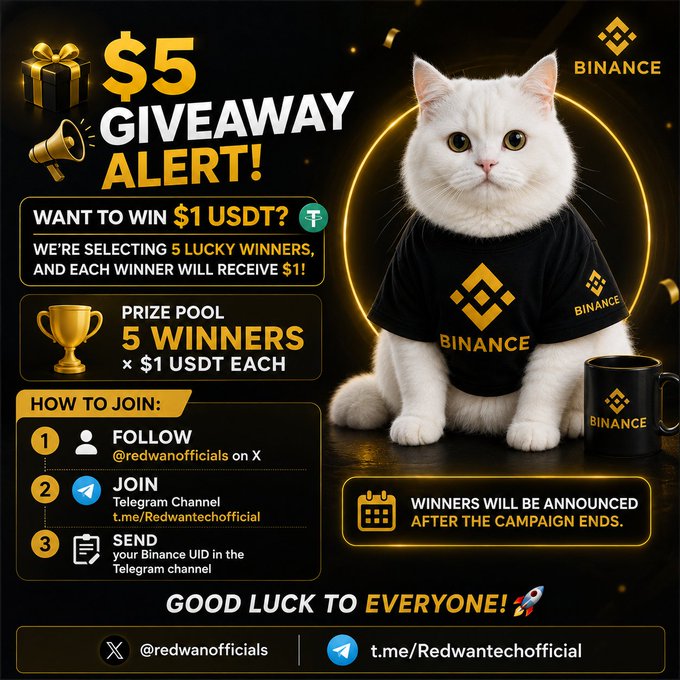 A Binance-themed promotional graphic featuring a white cat wearing a black Binance t-shirt, advertising a '$5 GIVEAWAY ALERT' with instructions to follow @redwanofficials on X and join a Telegram channel.