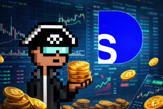 The image shows a graphic representation of someone wearing glasses and holding stacks of gold coins, with a pirate hat and the letter "S" displayed nearby. The backdrop features a stock chart or market graph which indicates that this person might be involved in trading or investing. However, there are no specific details about the post itself. The primary focus is on the person's character depicted through their costume, the coins they're holding, and the surrounding market elements.