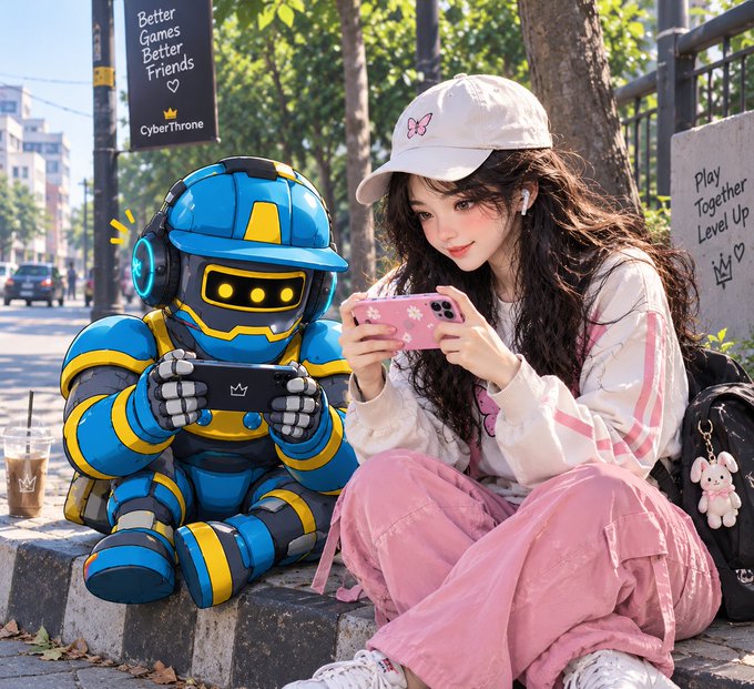 An anime-style illustration of a blue and yellow robot and a girl in pink clothing both playing handheld gaming devices while sitting on a sidewalk, with signs reading 'Better Games Better Friends CyberThrone' and 'Play Together Level Up'.