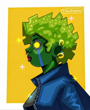 A stylized digital illustration of a green-skinned figure with yellow eyes, blue facial markings, and a textured green hairstyle against a yellow background with sparkles, signed by Qxultimater.