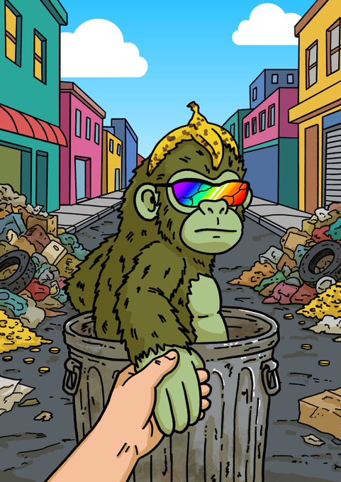 A hand reaches into a trash can to pull out a disappointed-looking monkey with rainbow sunglasses and a banana peel on its head, surrounded by piles of garbage in a cartoon alleyway—visually mocking the idea of worthless NFT collections, echoing the post's warning about "DUMPSTR" mints and the satirical $IRON token economy being championed by figures like @IronAllies_.