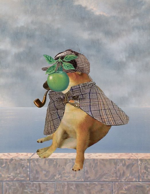 A surreal digital artwork depicts a dog in a Sherlock Holmes-style deerstalker hat and cape, with a green apple for a head and a pipe in its mouth, sitting on a stone wall.