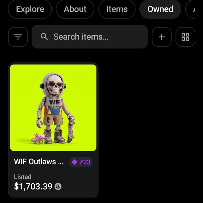 The image shows an NFT marketplace listing for "WIF Outlaws" item #23, listed at $1,703.39, featuring a skeleton character wearing a hoodie and holding a skateboard alongside a small axolotl. This corresponds to the user's post celebrating the reveal of their rare WIF Outlaws NFT #23, which they believe will be sent higher by @crypto_czar_eth.