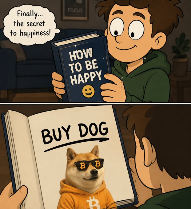 A comic strip depicts a character reading 'HOW TO BE HAPPY' and discovering the secret is simply 'BUY DOG', showing a Shiba Inu wearing Bitcoin sunglasses and a hoodie.