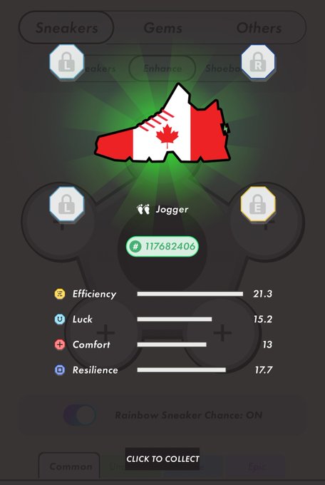 A mobile game interface displaying a 'Jogger' sneaker NFT with a Canadian flag design, showing stats: Efficiency 21.3, Luck 15.2, Comfort 13, Resilience 17.7, and a 'CLICK TO COLLECT' button.