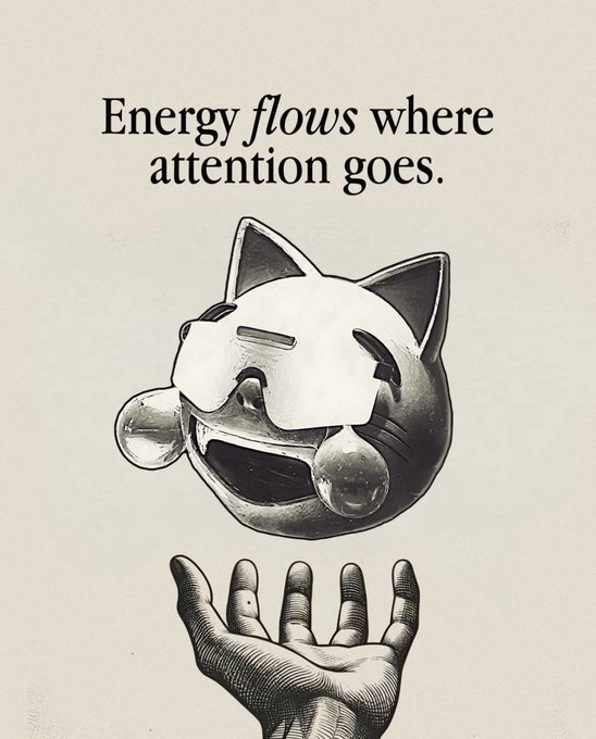 Black and white illustration of a crying cat face wearing sunglasses floating above an open palm, accompanied by the text 'Energy flows where attention goes.'