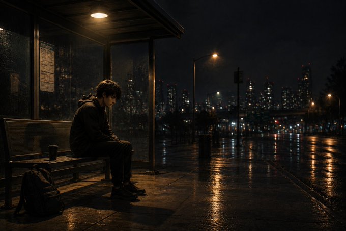 A young man in a dark hoodie sits alone on a bench at a rainy, dimly lit bus stop at night, with a backpack beside him and a city skyline visible in the background.