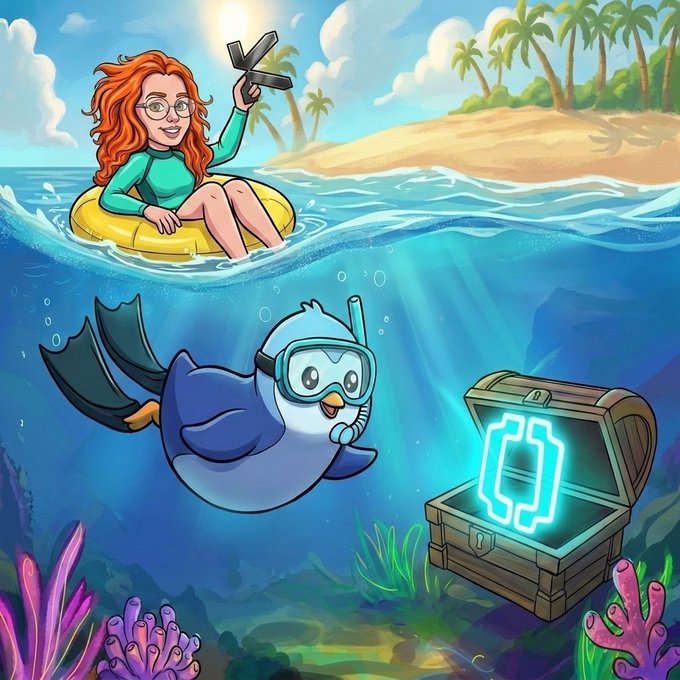 A cartoon depicts a red-haired woman floating in a yellow inner tube on the ocean surface holding up a "K" token, while below the water a scuba-diving penguin discovers an open treasure chest glowing with a digital stablecoin symbol. The image ties to the @KASTxyz announcement as a playful "treasure hunt," with the K token surfacing as KAST partners with OpenUSD to launch its stablecoin featuring free minting and reserve-backed redemption.