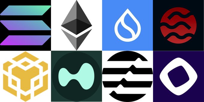 A 2x4 grid displays logos of popular Layer 1 (L1) blockchain networks, including Solana, Ethereum, Sui, Sei, BNB, Hyperliquid, Aptos, and Monad, visually representing the cryptocurrencies mentioned in the accompanying post asking "What's your favourite L1?"