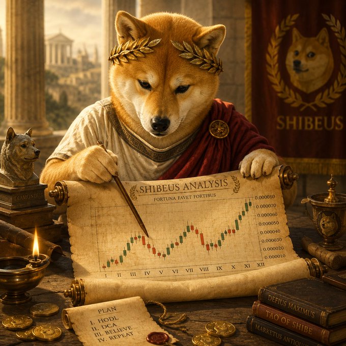 An AI-generated image depicting a Shiba Inu dog wearing a Roman toga and laurel wreath, pointing at a chart titled 'SHIBEUS ANALYSIS' with the Latin phrase 'FORTUNA FAVET FORTIBUS', surrounded by classical decor and books like 'Deius Maximus' and 'TAO OF SHIBE'.
