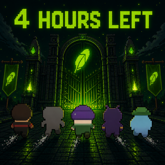 Five pixel-art characters race toward a glowing green gate emblazoned with a feather symbol, while bold neon text at the top reads "4 HOURS LEFT," echoing the post's countdown warning that the gate is about to open and whitelist opportunities are running out.